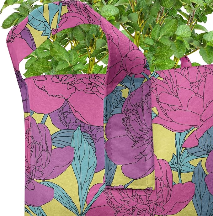 Lunarable Colorful Grow Bags 5-Pack, Peony Carnation Blossoms, Heavyduty Fabric Pots with Handles for Plants, Yellow Magenta