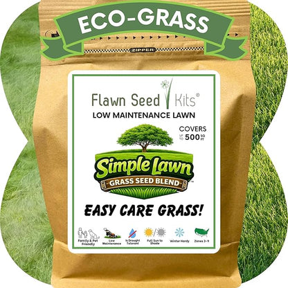 Flawn Seed Kits Simple Lawn Mow Less Fine Fescue Eco-Grass Seed, 1 Lb, Low Maintenance, Shade Tolerant, Covers up to 500