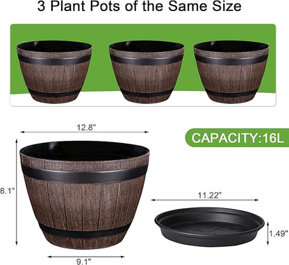 VECELO Plant Pots with Drainage Holes & Saucer, 13 Inch Flower Pots with Tray, 3 Pack Plastic Whiskey Barrel Planters for Indoor & Outdoor Garden Home Plants and Flowers