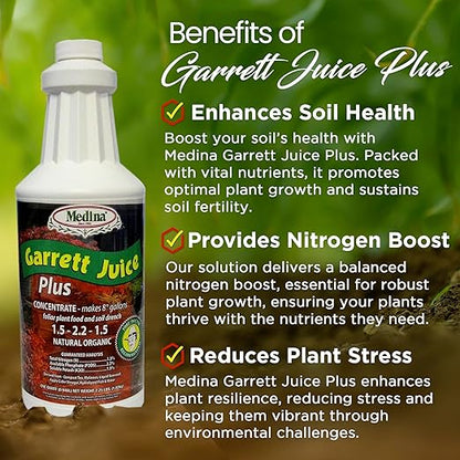 Medina Garrett Juice Plus -Liquid Plant Food & Fertilizer for Houseplants, Lawn, & Garden | Foliar Solution & Growth Enhancer, Ideal for Potted & Patio Plants | Nitrogen-Rich Liquid Fertilizer - 1 Qt.