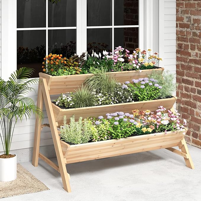 3-Tier Raised Garden Bed, Vertical Garden Planter w/Storage Shelf, Bed Liner & 2 Side Hooks, Wood Elevated Planter Box Outdoor for Plants Vegetables Flowers Herbs,Natural