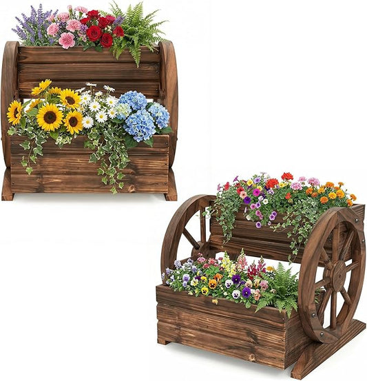 Giantex Wooden Wagon Planter Box, Garden Planter with Drainage Holes & Wheels for Flowers Herbs Vegetables, Indoor Outdoor Decorative Flower Cart for Patio Garden Balcony (2)
