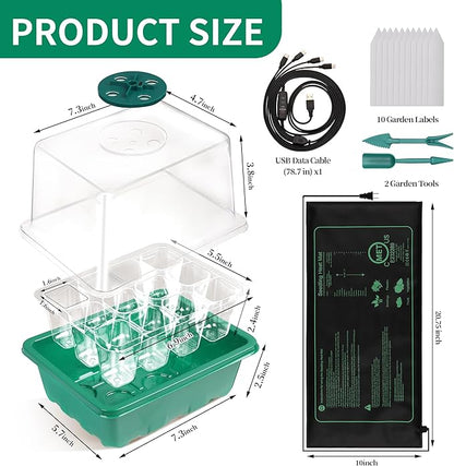 4-Pack Seed Starter Tray with Grow Light and Heat Mat, 48 Cells Seed Starter Kit with Adjustable Humidity Dome and Base, Germination Kit for Seed Growing Plant Propagation