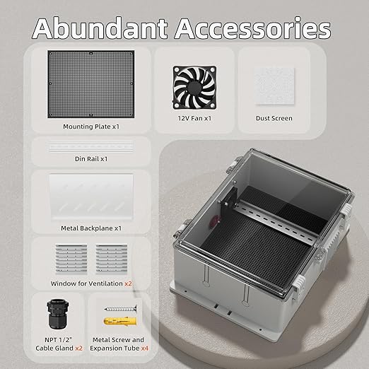 Joinfworld Outdoor Electrical Box Vented Outdoor Enclosure Box Nema Din Rail with Waterproof Clear Enclosure, 16x11x6 ABS Plastic WiFi Box with Fan Dust Screen