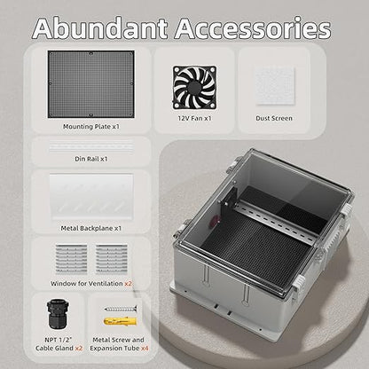Joinfworld Outdoor Electrical Box Vented Outdoor Enclosure Box Nema Din Rail with Waterproof Clear Enclosure, 16x11x6 ABS Plastic WiFi Box with Fan Dust Screen