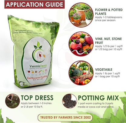 VermisTerra Earthworm Castings - (5 LB) 2.7 qts - 100% Organic Earthworm Castings - All Natural Plant Fertilizer - Soil Enhancer - Potting Mix for Plants, Vegetables, Flowers, Indoor + Outdoor
