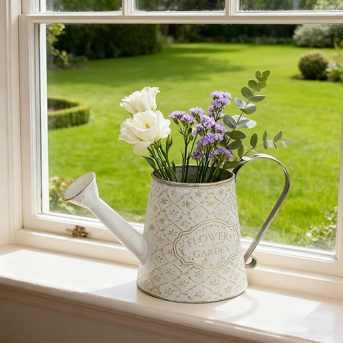 Vintage White Metal Flower & Garden Watering Can, Rustic Farmhouse Decorative Watering Pot Planter for Home Patio Backyard Outdoor Plant Care