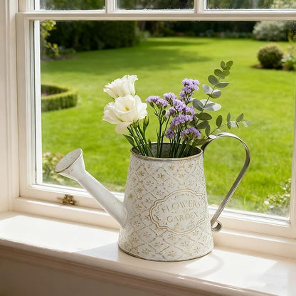 Vintage White Metal Flower & Garden Watering Can, Rustic Farmhouse Decorative Watering Pot Planter for Home Patio Backyard Outdoor Plant Care