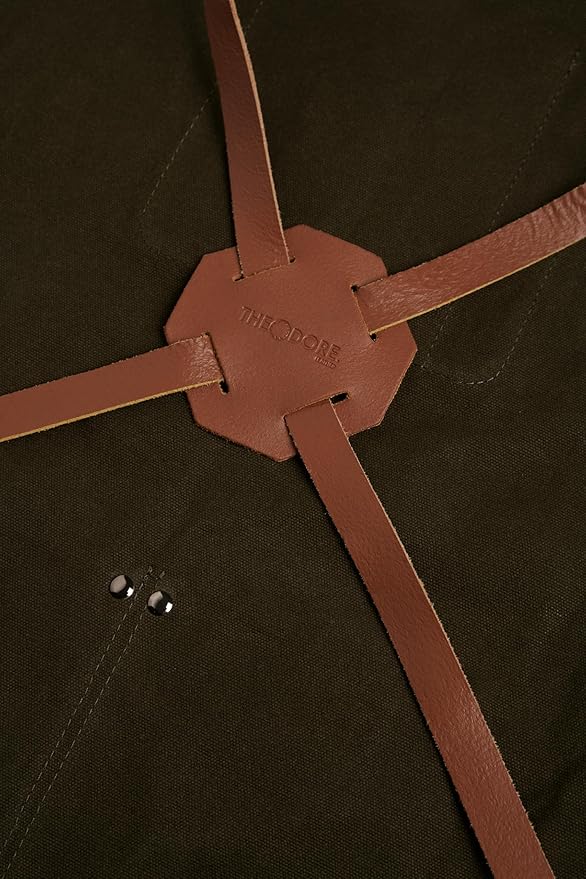 Theodore Waxed Canvas Work Apron - Cross Back with Leather Straps, 14oz Heavy Duty Canvas, Multi-Pocket Utility