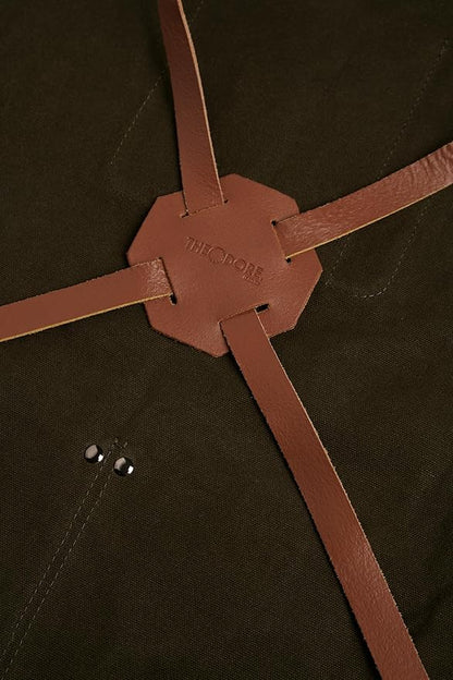 Theodore Waxed Canvas Work Apron - Cross Back with Leather Straps, 14oz Heavy Duty Canvas, Multi-Pocket Utility
