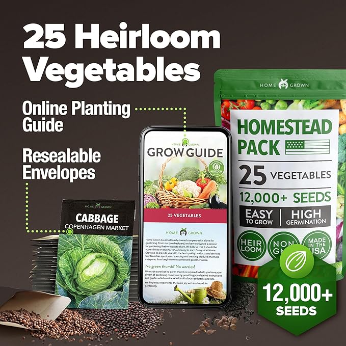 HOME GROWN 25 Heirloom Vegetable Seeds Kit - 12,000+ Non-GMO Seeds for Planting Vegetables, Survival Garden Seed Vault, Tomatoes Carrots Beans Kale Peppers, Indoor Outdoor Garden