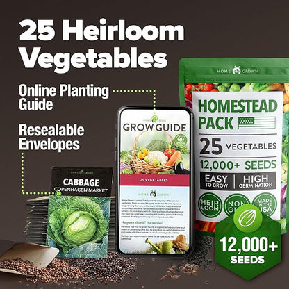 HOME GROWN 25 Heirloom Vegetable Seeds Kit - 12,000+ Non-GMO Seeds for Planting Vegetables, Survival Garden Seed Vault, Tomatoes Carrots Beans Kale Peppers, Indoor Outdoor Garden