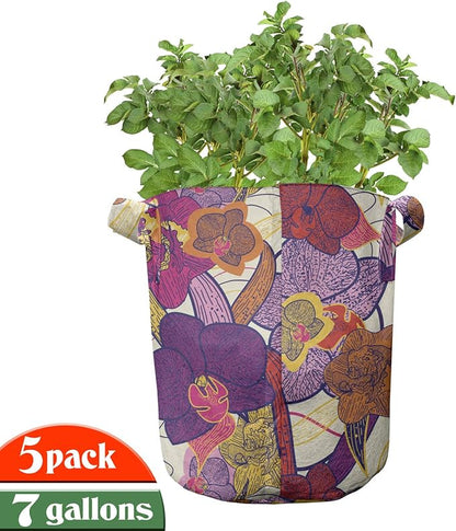 Ambesonne Colorful Grow Bags 5-Pack, Vibrant Vintage Orchid, Heavyduty Fabric Pots with Handles for Plants, Purple Lilac