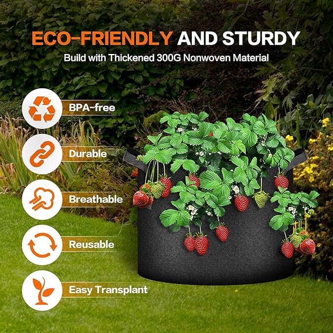 iPower 5-Pack 10 Gallon Plant Grow Bags Thickened Nonwoven Aeration Fabric Pots Heavy Duty Durable Container, Strap Handles for Garden, Black