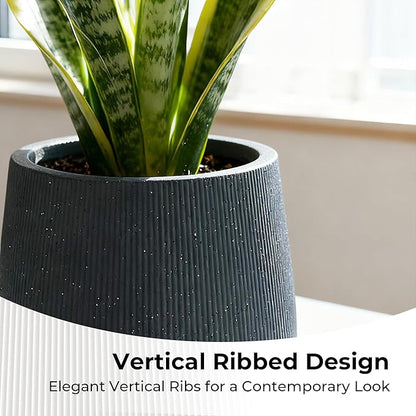 Worth Garden Large Dark Gray Round Planter, 12.5" x 18.5" Lightweight Magnesium Oxide Cement Plant Pot with a Striped Textured Finish, Raised Pattern Concrete Look, Drainage Hole, Indoor & Outdoor