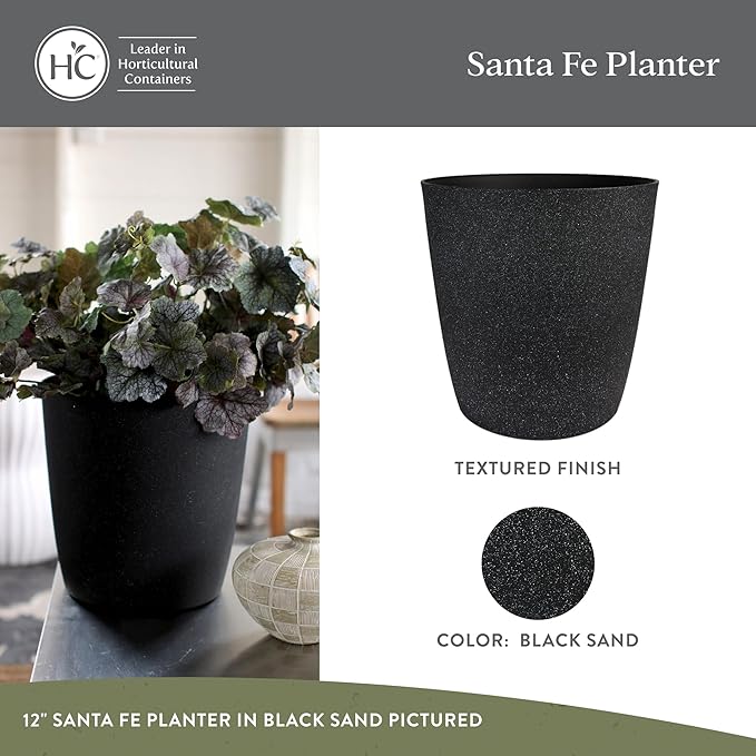 The HC Companies Santa Fe Round Self-Watering Pot - Lightweight Plastic Planter for Herbs & More - Durable Plant Pots for Indoor Plants & Outdoor Plants (12" Black Sand, Pack of 2)
