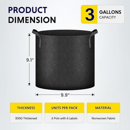 iPower Plant Grow Bag 3 Gallon 6-Pack Heavy Duty Fabric Pots, 300g Thick Nonwoven Fabric Containers Aeration with Nylon Handles, for Planting Vegetables, Fruits, Flowers, Black 2024 Version
