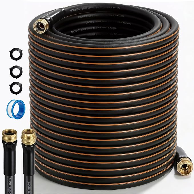 Garden Hose, 100ft 5/8" Heavy Duty Rubber Water Hose, 550 PSI Burst, 360° Anti-Kink Swivel Connectors, All-Weather Flexible, Leakproof 3/4" Brass Male to Female Fittings