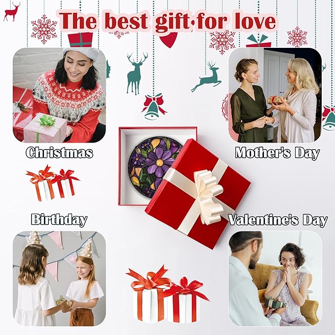 Stained Glass Window Hanging, Purple Green Flowers Sun Catcher for Door Home Decor Plants Suncatcher Christmas Mother's Day Birthday Gifts for Women Men Mom and Nana 6.3 in