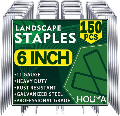 150 PCS Landscape Staples 6 Inch Galvanized Garden Stakes Garden Staples Pins Anti-Rust Ground Stakes for Weed Barrier, Irrigation Hose, Yard Lawn SOD, Landscape Fabric, Decor 6"L x1.2"W 150pcs