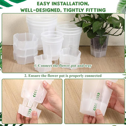 9 Piece Self Watering Pots with Drainage Holes and Deep Reservoir Clear Flower Pots Flexible Plastic Planter Pot for Indoor/Outdoor Plants(4.7'', 5.9'' and 7'')