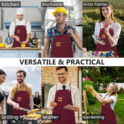 Canvas Aprons, Kitchen Chef Aprons, Work Aprons for Men Women, Adjustable Strap Aprons with 3 Pockets