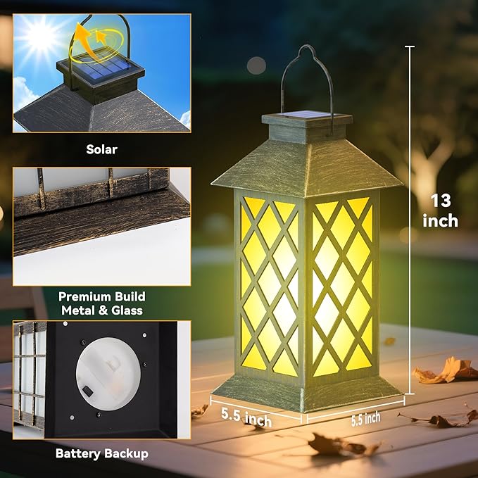 2 Pack 13" Solar Lanterns with Flickering Flame Candle, Outdoor Waterproof Hanging Lantern Lights Metal & Glass for Patio, Pathway, Garden Decorative, Gifts for Mom