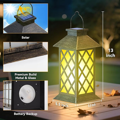 2 Pack 13" Solar Lanterns with Flickering Flame Candle, Outdoor Waterproof Hanging Lantern Lights Metal & Glass for Patio, Pathway, Garden Decorative, Gifts for Mom