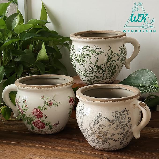 Vintage Flower Pot Rustic Planter Container with Handle Ceramic Ice Crack Plant Pot with Drainge Hole Decorative Planter for Indoor and Outdoor Tuscan Decor Vase Gardening Gift (Green)