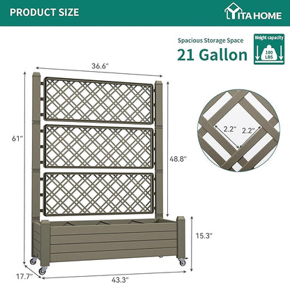 YITAHOME 3.6x1.5x5 FT Planter Box Trellis with Wheels, Large Outdoor Plastic Raised Garden Bed with Drain Plug for Climbing Plants, Light Brown