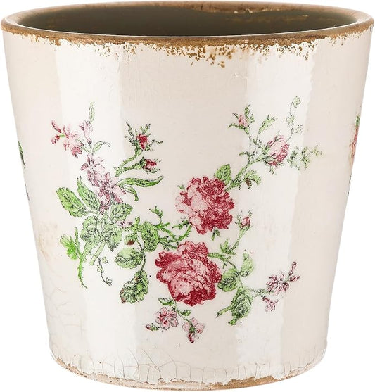 1 Pcs Ceramic Floral Plant Pots with Drainage Hole 5.5 Inch Vintage Farmhouse Accent Planter Rustic Ice Glazed Crack Flower Planter for Indoor Outdoor Home Decor (Pink Rose,Beige and Pink)