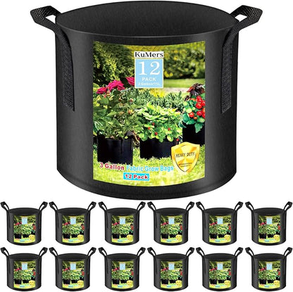 12 Pack Grow Bags 3 Gallon, 300G Heavy Duty Thickened Non-Woven Plant Bag Plant Fabric Pots with Handles Planting Bags, Pot for Plants, Black