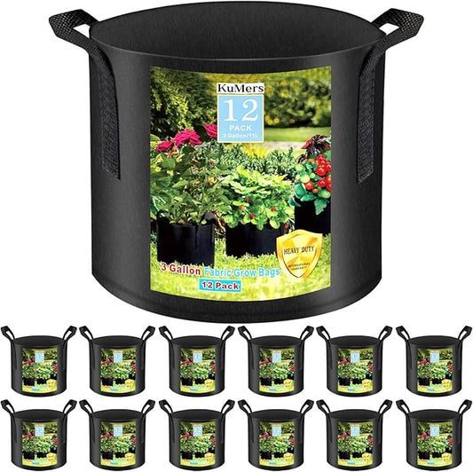 12 Pack Grow Bags 3 Gallon, 300G Heavy Duty Thickened Non-Woven Plant Bag Plant Fabric Pots with Handles Planting Bags, Pot for Plants, Black