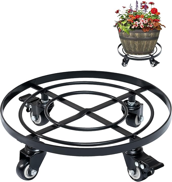 Idzo Round Heavy Duty Plant Caddy with Wheels, Cast Iron Plant Dolly, Plant Stand with Wheels, Load Capacity 180 Lbs, Repositioning Heavy Pots, Hauling Heavy Household Items, 12 Inch - Black