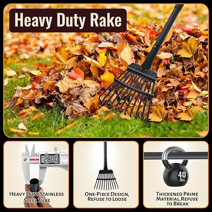 Small Rakes for Garden Beds,11 Tines Heavy Duty Metal Yard Hand Rake with 63in Adjustable Handle,Ideal Gardening Rakes for Gathering Leaves,Shrub,Dog Poop,Garden Flower Beds