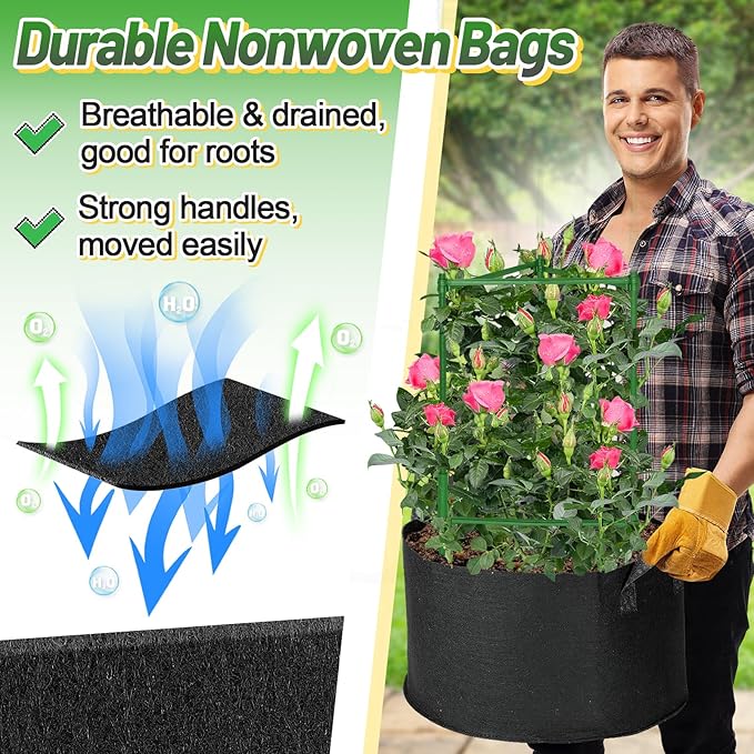 ANPHSIN 3 Sets Tomato Cages with 7 gal Grow Bags - 47'' Stable Plant Garden Planters, Flexible Vegetable Trellis for Balcony Deck Yard Tomatoes Peppers Eggplants Flowers