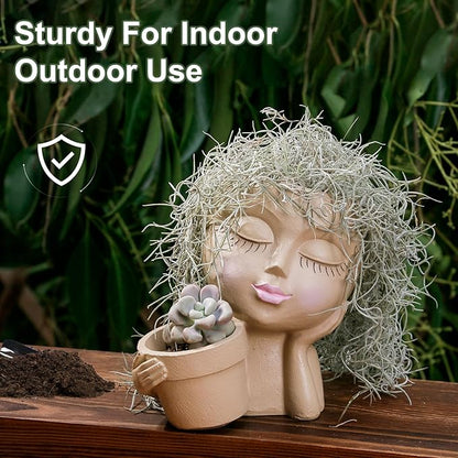 Face Planters Pots Head Planter for Indoor Outdoor Plants - Cute Plant Pots for Flower Succulent with Drainage Hole - Ideal Present Ideas(Khaki Lady)