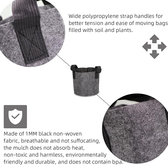 Grow Bags,Growing Pot Bags Garden Grow Bag Indoor Outdoor Fabric Aeration Plant Pot Container Flower Vegetable Pouch (Dark Gray,15Gallon)