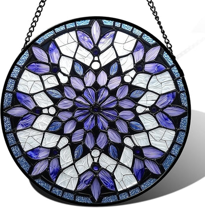 Stained Glass Window Hanging, Purple Blue Tiffany Style Flowers Sun Catcher for Window Door Home Decor Suncatcher Christmas Mother's Day Birthday Gifts for Women Men Mom Nana 7.8 in