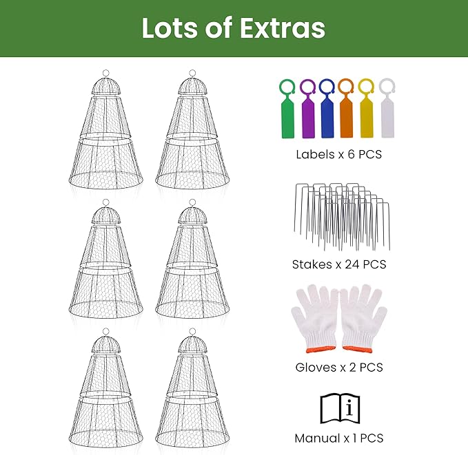 Easy-Snap Open Design Chicken Wire Cloche (6-Pack) - Adjustable Garden Plant Protectors from Birds & Animals for Large Plants & Flowers, 18" Dx26 H (L)