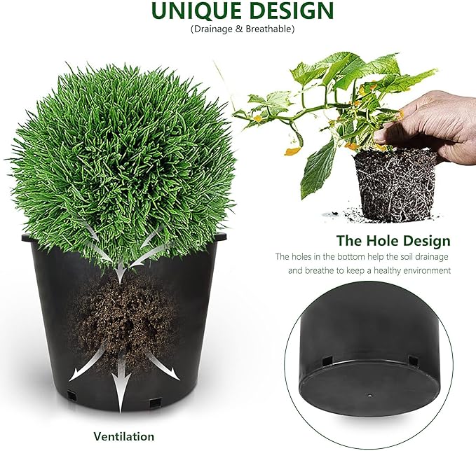 10-Pack 6.3 Gallon Round Planter Nursery Pots, Flower Plant Container Injection Molded Plastic Nursery Pots Gardening for Indoor Outdoor Vegetables, Succulents, Black