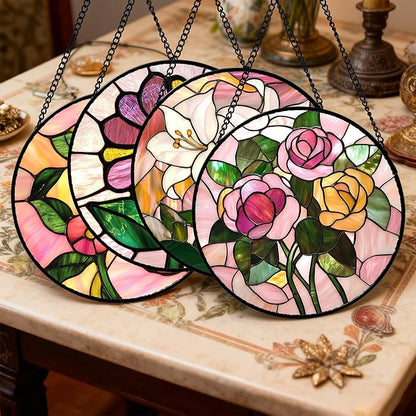 Stained Glass Window Hanging 4 Pcs Set Pink Floral Theme 7.8" - Flowers Suncatcher Door Garden Sun Catcher Decor Birthday Christmas for Mom Woman Nana Men Friend