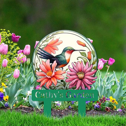 Custom Flowers Bird Garden Sign, Personalized Hummingbird Bird Flowers Garden Stake Metal Sign Garden Decor Sign Yard Art with Stakes, Customized Gardener Name Sign Flower Sign Plaque