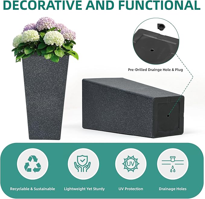 28" Tall Planters Set of 2, Oversized Terrazzo-Look PP Outdoor Pots for Plants, Versatile Indoor/Outdoor Flower Pots w/Drainage Hole for Patio, Garden, Porch & Living Room Decor, Ideal Gift