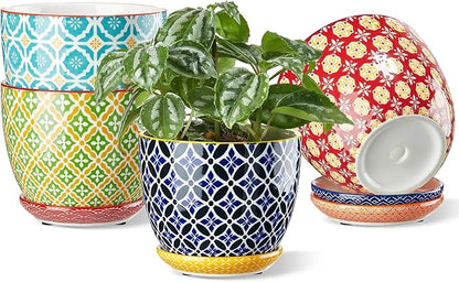 Ceramic Plant Pots, 4.9 Inch Flower Pots with Drainage Hole & Saucer, Colorful Planter Pots for Houseplants, Succulent, Catus, Home Decor, Set of 4, Vibrant Colors
