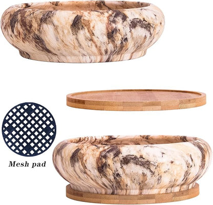 ARTKETTY Succulent Pots - 7.3 Inch Ceramic Bonsai Pots with Trays Set of 2, Large Succulent Plant Pots with Drainage Shallow Planters for Indoor Plants Marble Cactus Flower Plant Container Bowl
