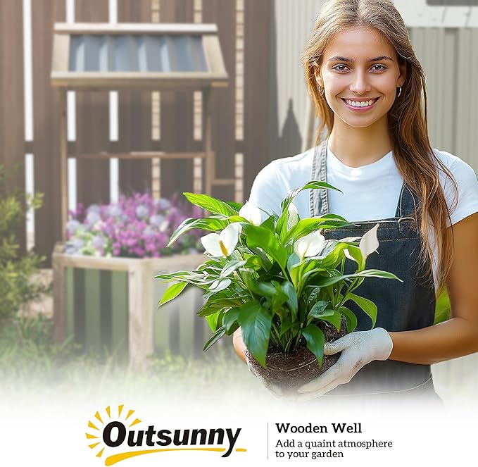 Outsunny Wooden Wishing Well Planter, Raised Garden Bed with Galvanized Canopy, Hexagon Outdoor Planter Box for Flowers, Herbs and Vegetables, Light Gray