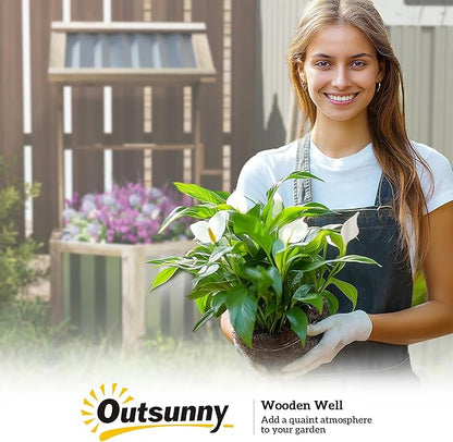 Outsunny Wooden Wishing Well Planter, Raised Garden Bed with Galvanized Canopy, Hexagon Outdoor Planter Box for Flowers, Herbs and Vegetables, Light Gray