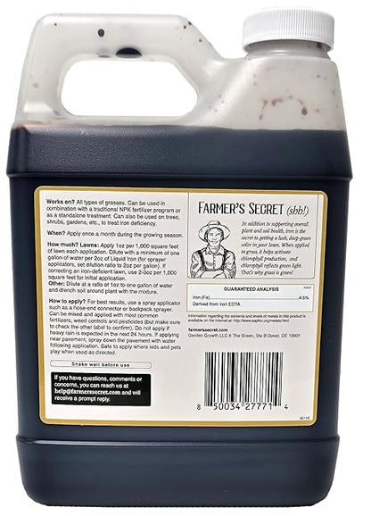 Farmer’s Secret Liquid Iron for Lawns and Gardens - Chelated Liquid Iron Supplement - For use on all Types of Grass, Plants and Trees - Covers 32K Square Feet (32oz)