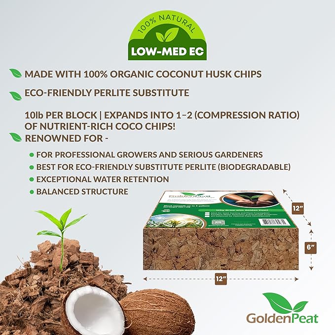 Organic 10lb Compressed Coco Chips Block is a Renewable high-Performing Substitute for Perlite eliminating Respiratory Hazards. Medium EC, Nutrient-Rich with Optimal Aeration and Drainage
